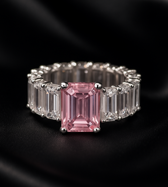 925 Silver Ring Pink Morganite Ring Emerald Cut Ring Lab Created Morganite With Zircon